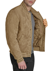 T|H Faux Suede Logo Varsity Bomber Camel Jacket