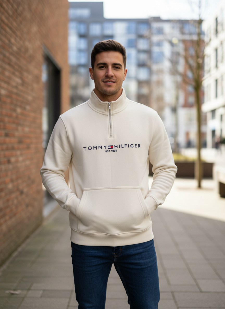 Tommy Hilfiger Quarter-Zip Fleece Pullover Cream