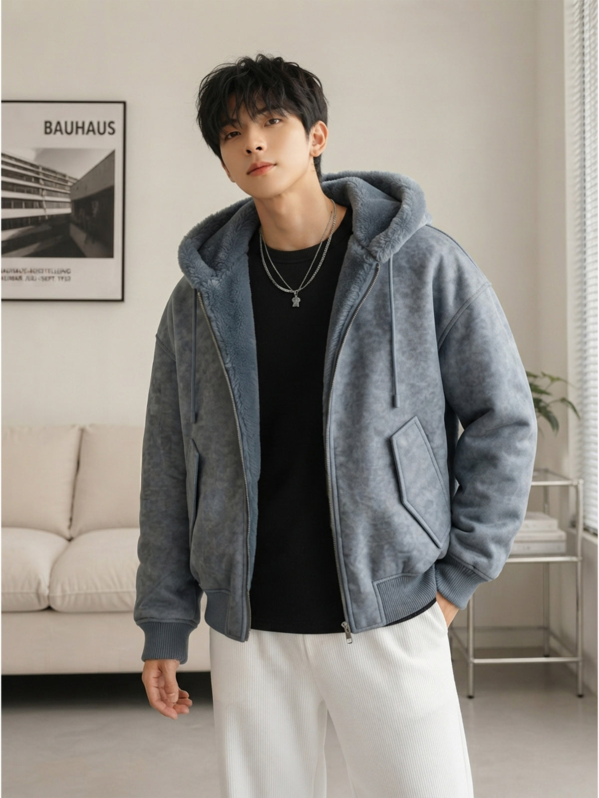 Double Sided Suede Fur Hooded Jacket