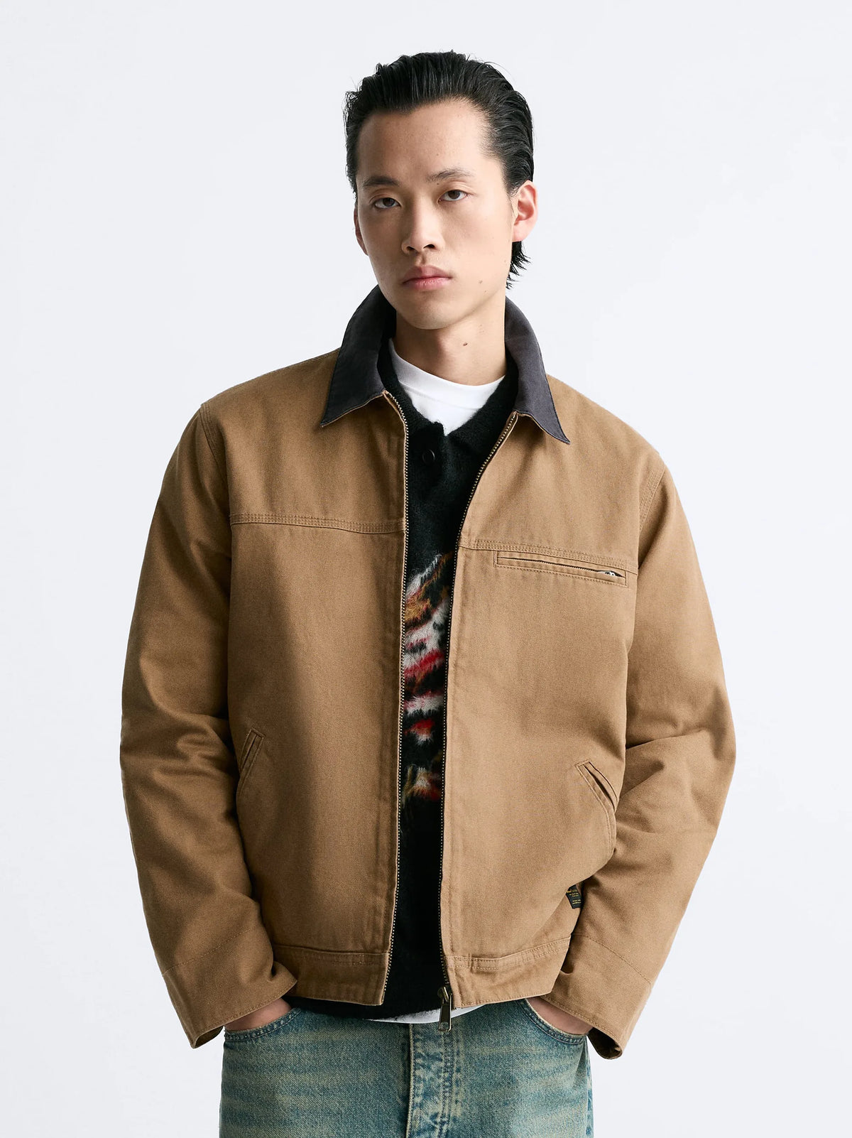 ZR Contrast Collar Bomber Camel Jacket