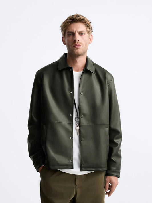 ZR Faux Leather Dark Green Button Down Jacket