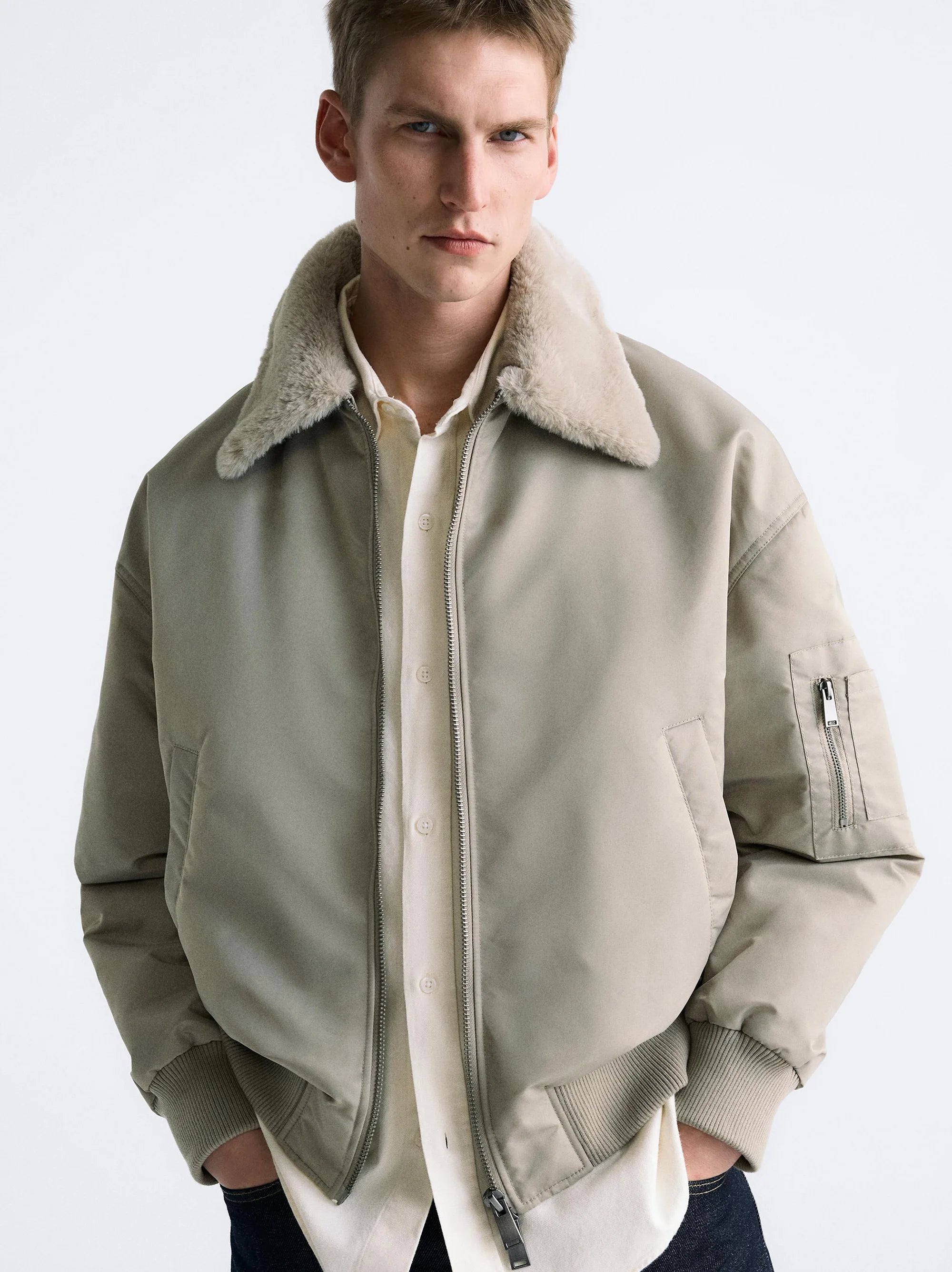 ZR Men s Sherpa Collar Beige Bomber Jacket Casual Collection