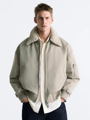 ZR Men's Sherpa Collar Beige Bomber Jacket