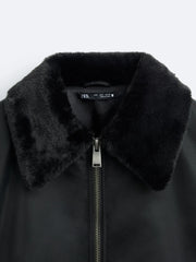 ZR Men's Sherpa Collar Black Bomber Jacket