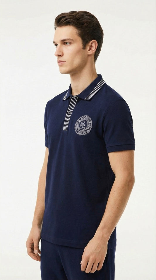 Lacoste Heritage Navy Paris Crest Polo with Multi-Striped Collar