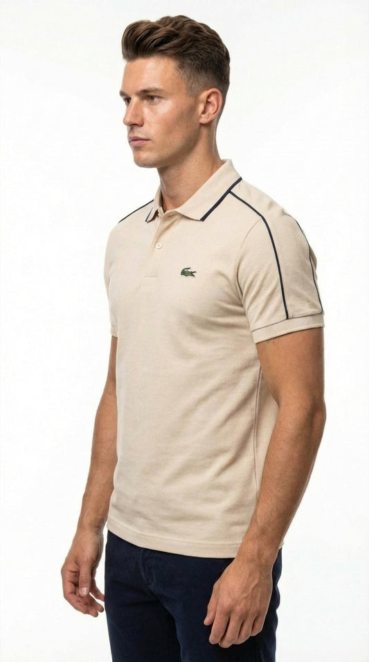 Lacoste Men's Sand Beige Classic Polo with Navy Contrast Detailing