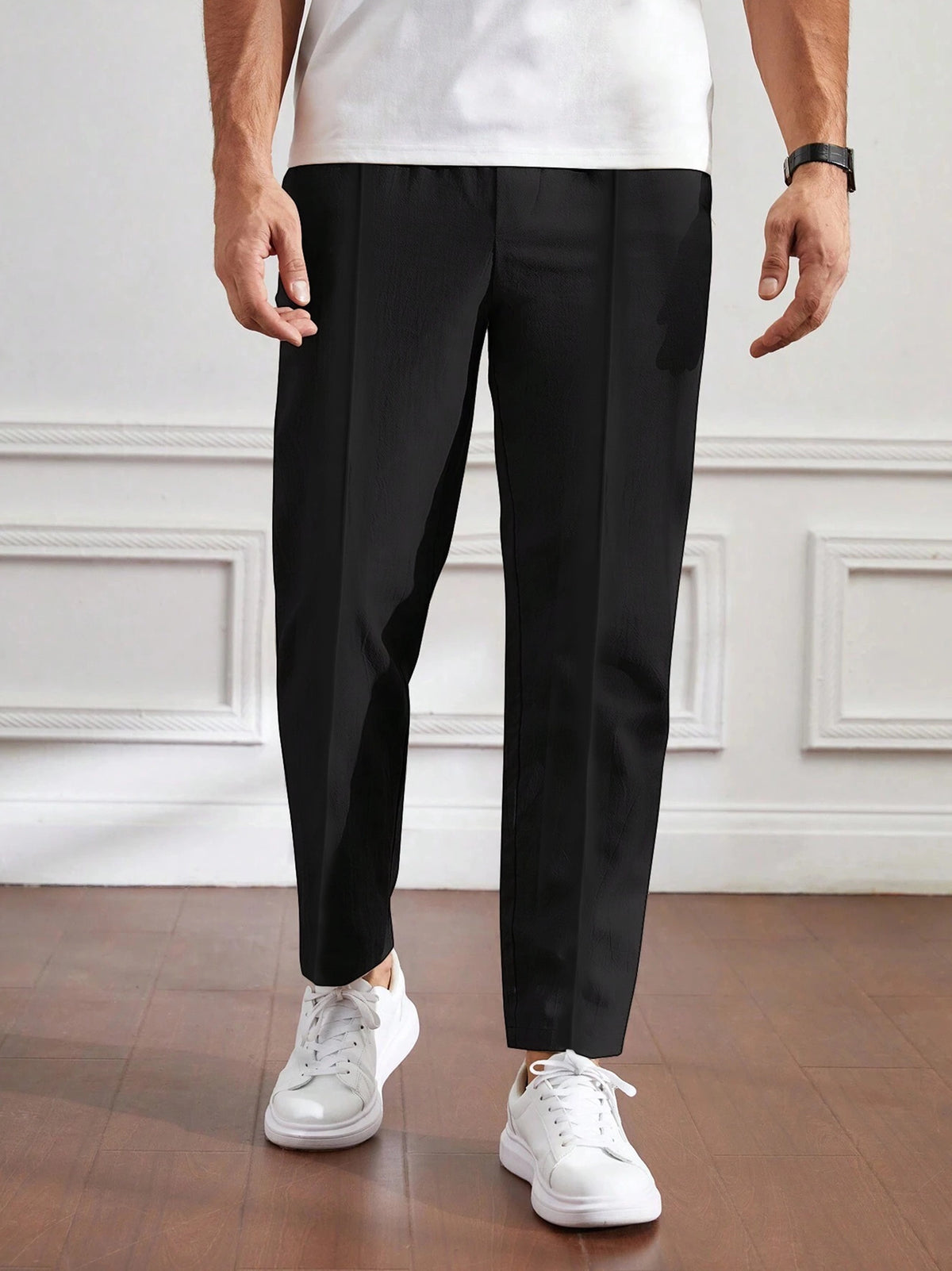 Men's Cotton Linen Tapered Black Trousers