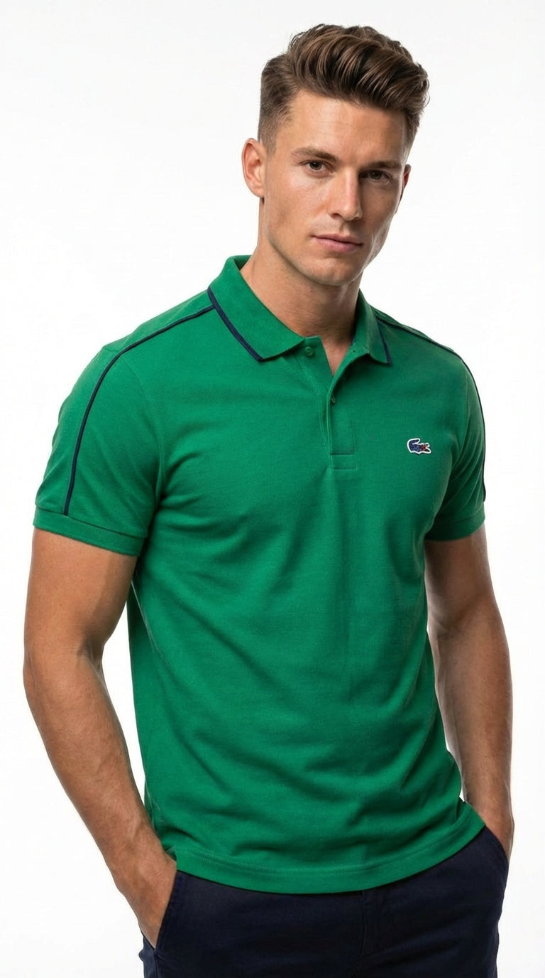 Lacoste Men's Kelly Green Athletic Polo with Navy Side-Seam Piping