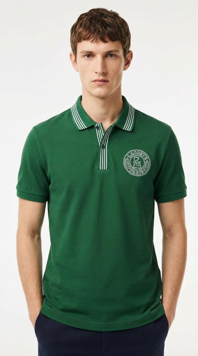 Lacoste Heritage Green Paris Crest Polo with Striped Placket Detail