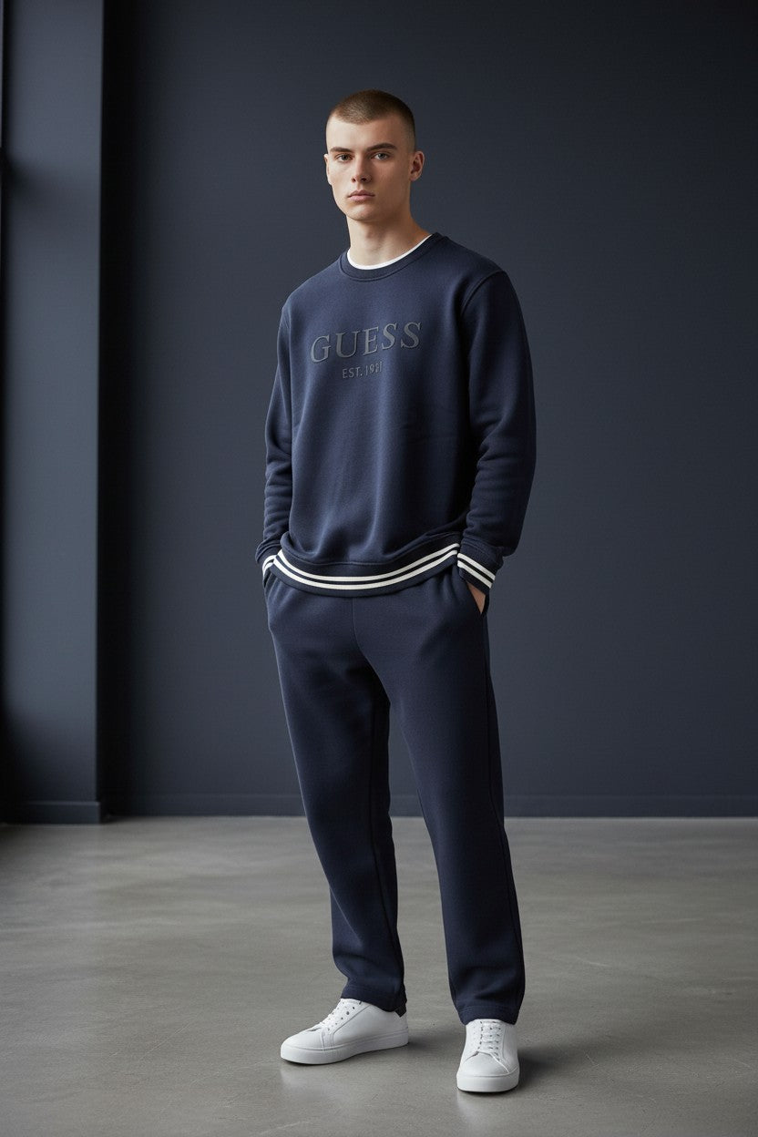 Guess Embossed Logo Crewneck Sweatshirt Navy Blue
