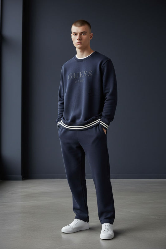 Guess Embossed Logo Crewneck Sweatshirt Navy Blue