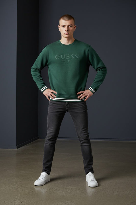 Guess Embossed Logo Crewneck Sweatshirt Forest Green