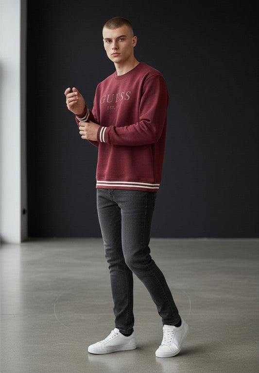 Guess Embossed Logo Crewneck Sweatshirt Maroon