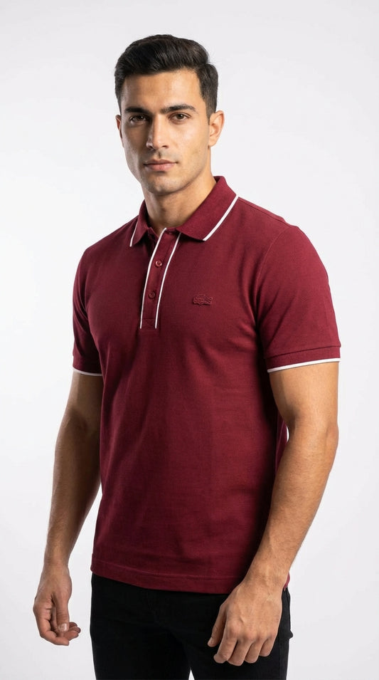 Lacoste Men's Burgundy Red Pique Polo with White Linear Piping