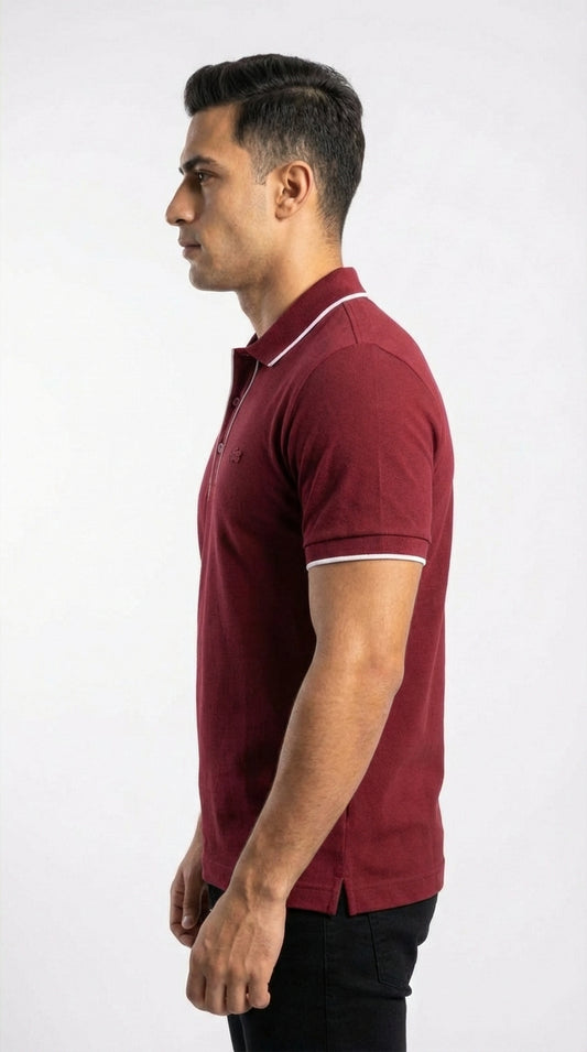 Lacoste Men's Burgundy Red Pique Polo with White Linear Piping