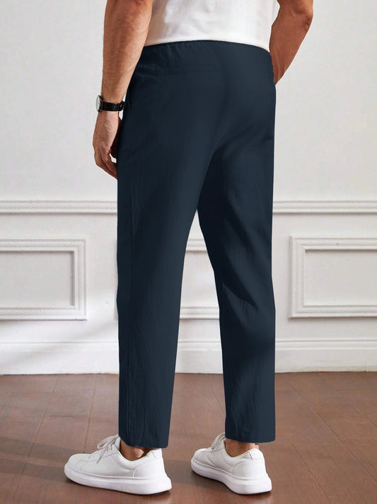 Men's Cotton Linen Tapered Navy Blue Trousers