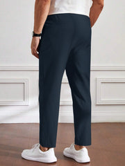 Men's Cotton Linen Tapered Navy Blue Trousers