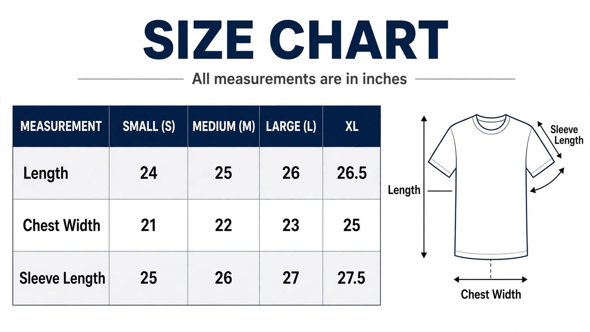 A size chart graphic for a short-sleeve T-shirt showing measurements in inches for Small, Medium, Large, and XL. The left side contains a measurement table with columns for Measurement, Small (S), Medium (M), Large (L), and XL.