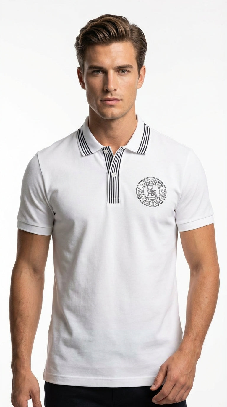 Lacoste Heritage White Paris Crest Polo with Navy Striped Ribbing
