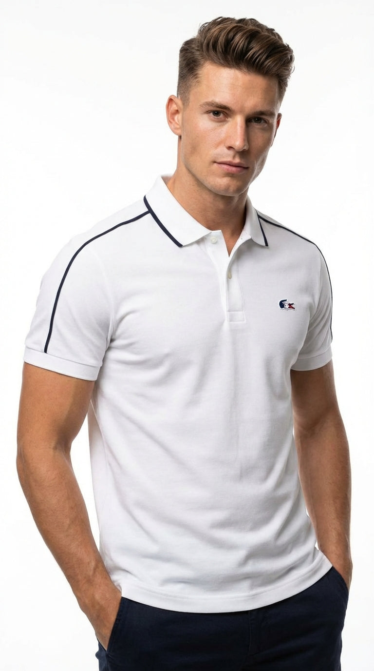 Lacoste Men's Pure White Sport Polo with Navy Shoulder Racing Stripes