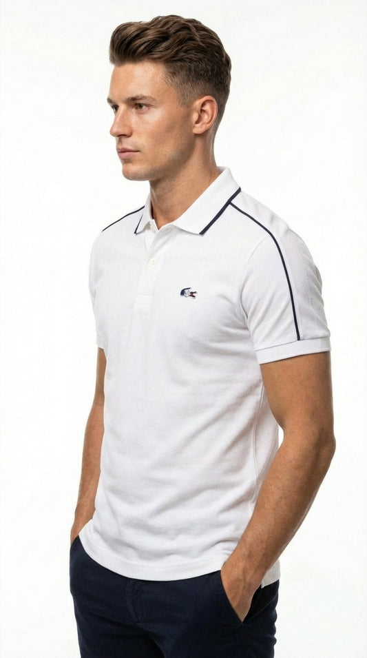 Lacoste Men's Pure White Sport Polo with Navy Shoulder Racing Stripes
