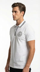 Lacoste Heritage White Paris Crest Polo with Navy Striped Ribbing